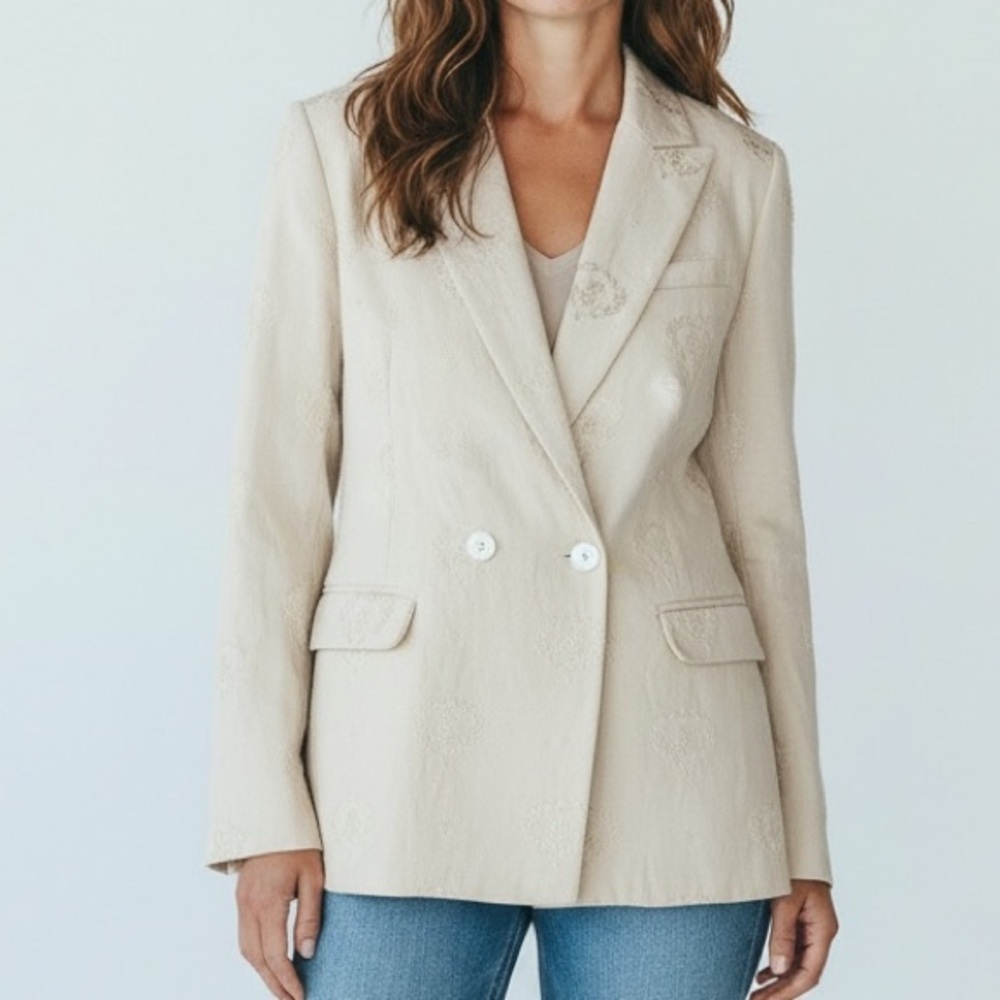 Embroidered Blush Beige Blazer | Soft Tailored Jacket
